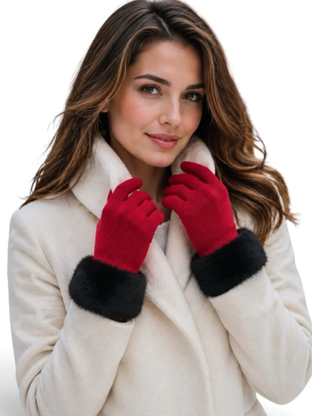 Portolano Red Soft Lambswool Knit Gloves Black Faux Fur Cuffs NWT